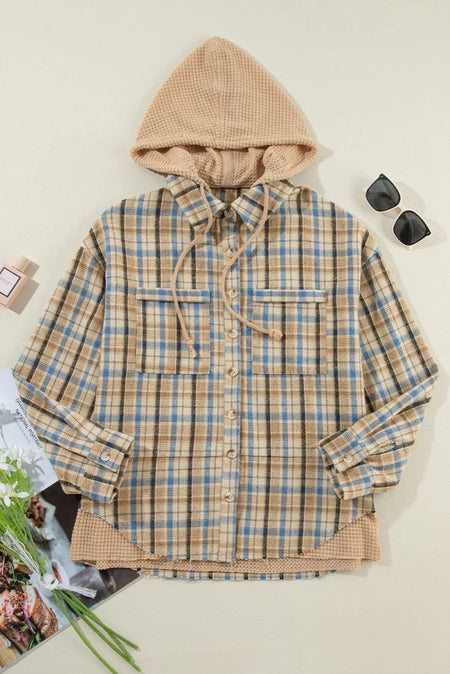 Drawstring Plaid Button Up Hooded Shacket - S. M. & Co.