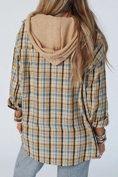 Drawstring Plaid Button Up Hooded Shacket - S. M. & Co.