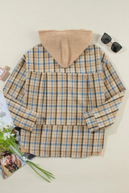 Drawstring Plaid Button Up Hooded Shacket - S. M. & Co.