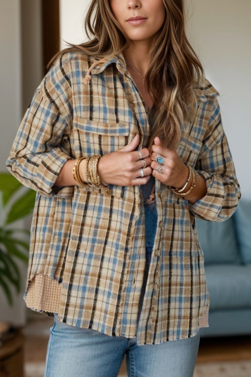 Drawstring Plaid Button Up Hooded Shacket - S. M. & Co.