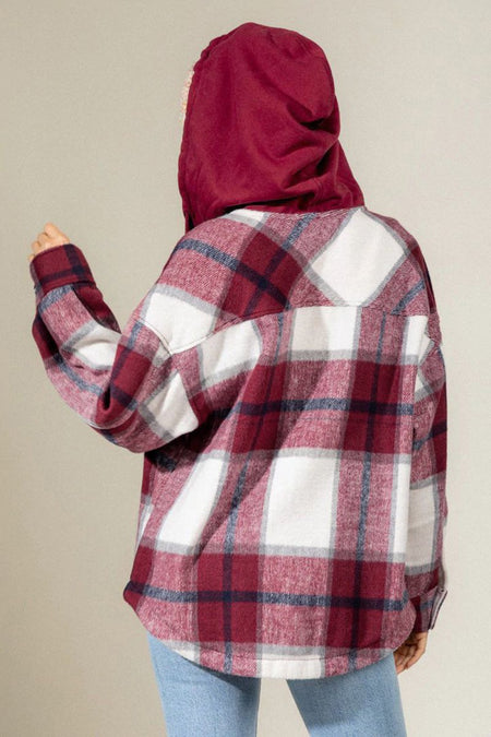 Drawstring Plaid Dropped Shoulder Hooded Shacket - S. M. & Co.