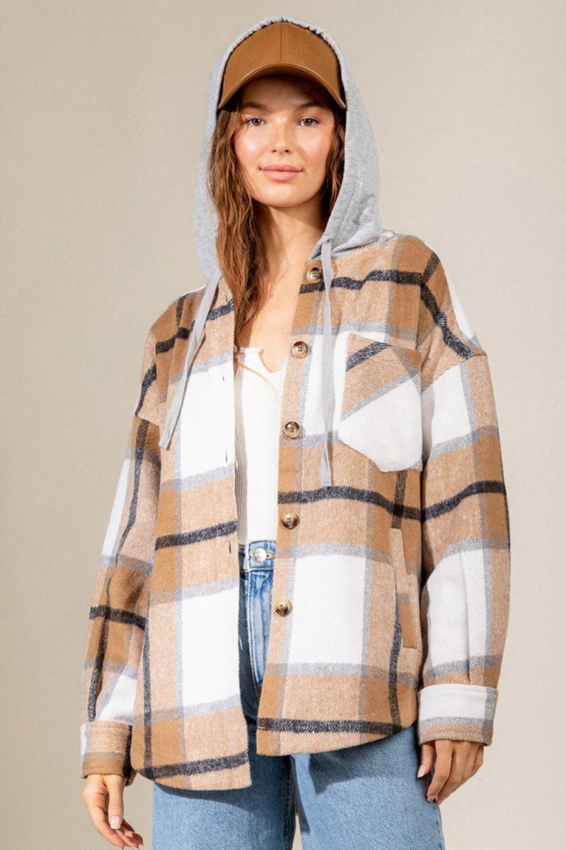 Drawstring Plaid Dropped Shoulder Hooded Shacket - S. M. & Co.