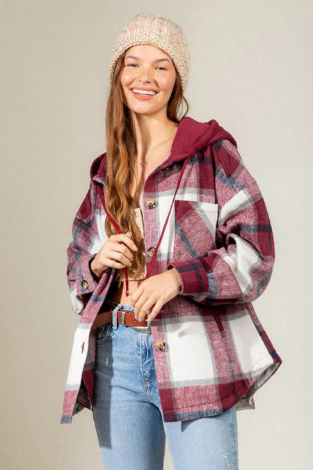 Drawstring Plaid Dropped Shoulder Hooded Shacket - S. M. & Co.