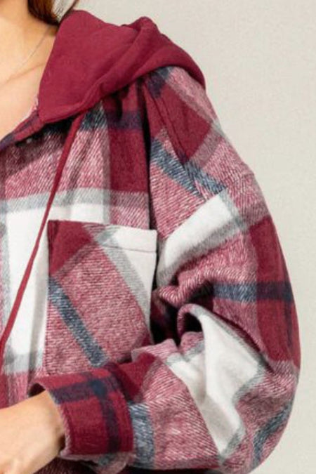 Drawstring Plaid Dropped Shoulder Hooded Shacket - S. M. & Co.