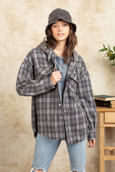 Drawstring Plaid Long Sleeve Hooded Jacket - S. M. & Co.