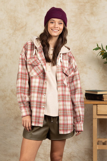 Drawstring Plaid Long Sleeve Hooded Jacket - S. M. & Co.