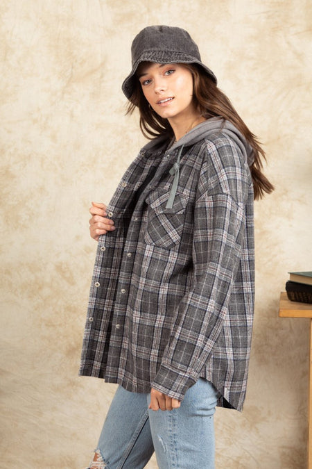 Drawstring Plaid Long Sleeve Hooded Jacket - S. M. & Co.