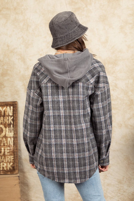 Drawstring Plaid Long Sleeve Hooded Jacket - S. M. & Co.