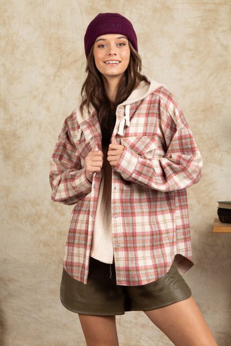 Drawstring Plaid Long Sleeve Hooded Jacket - S. M. & Co.