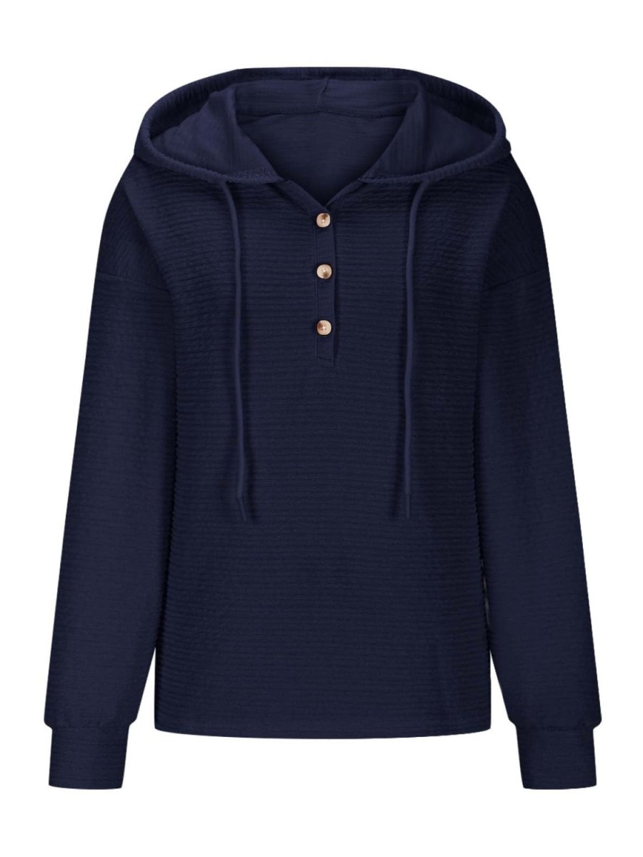 Drawstring Quarter Button Long Sleeve Hoodie - S. M. & Co.