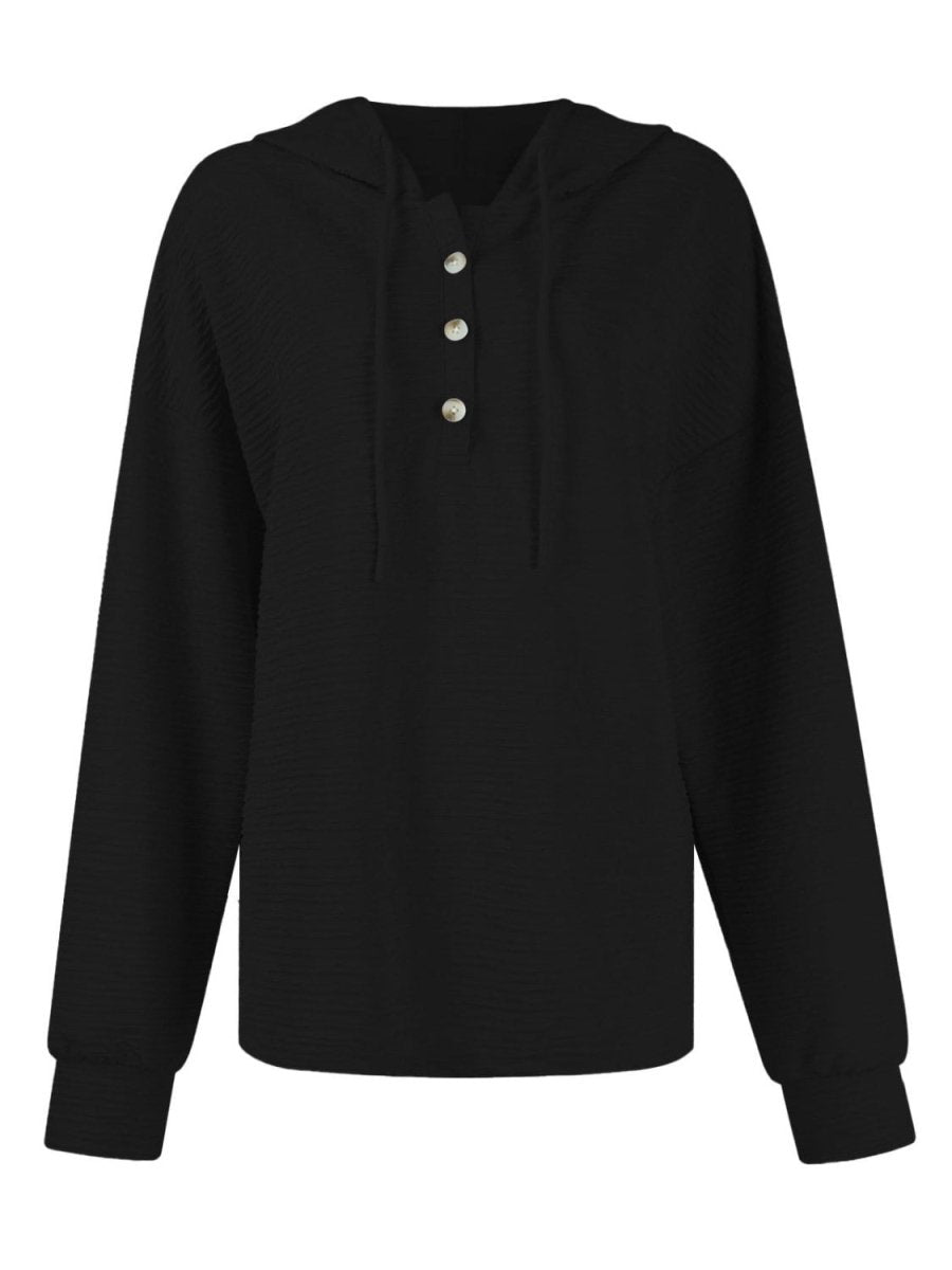 Drawstring Quarter Button Long Sleeve Hoodie - S. M. & Co.