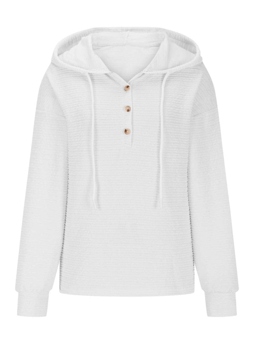 Drawstring Quarter Button Long Sleeve Hoodie - S. M. & Co.