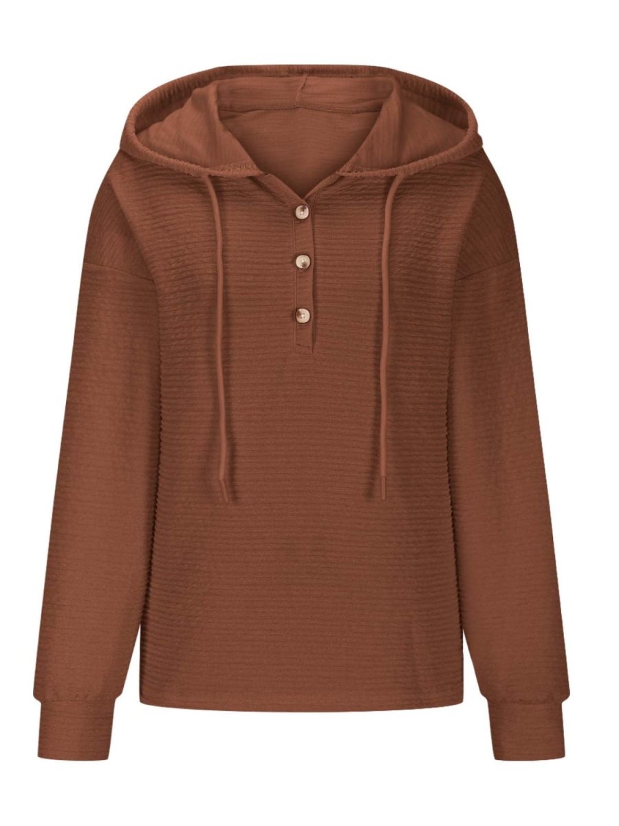 Drawstring Quarter Button Long Sleeve Hoodie - S. M. & Co.