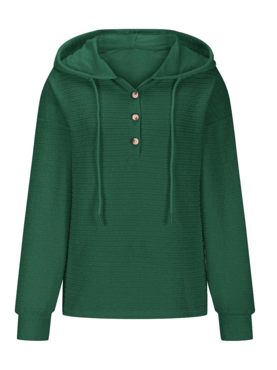 Drawstring Quarter Button Long Sleeve Hoodie - S. M. & Co.