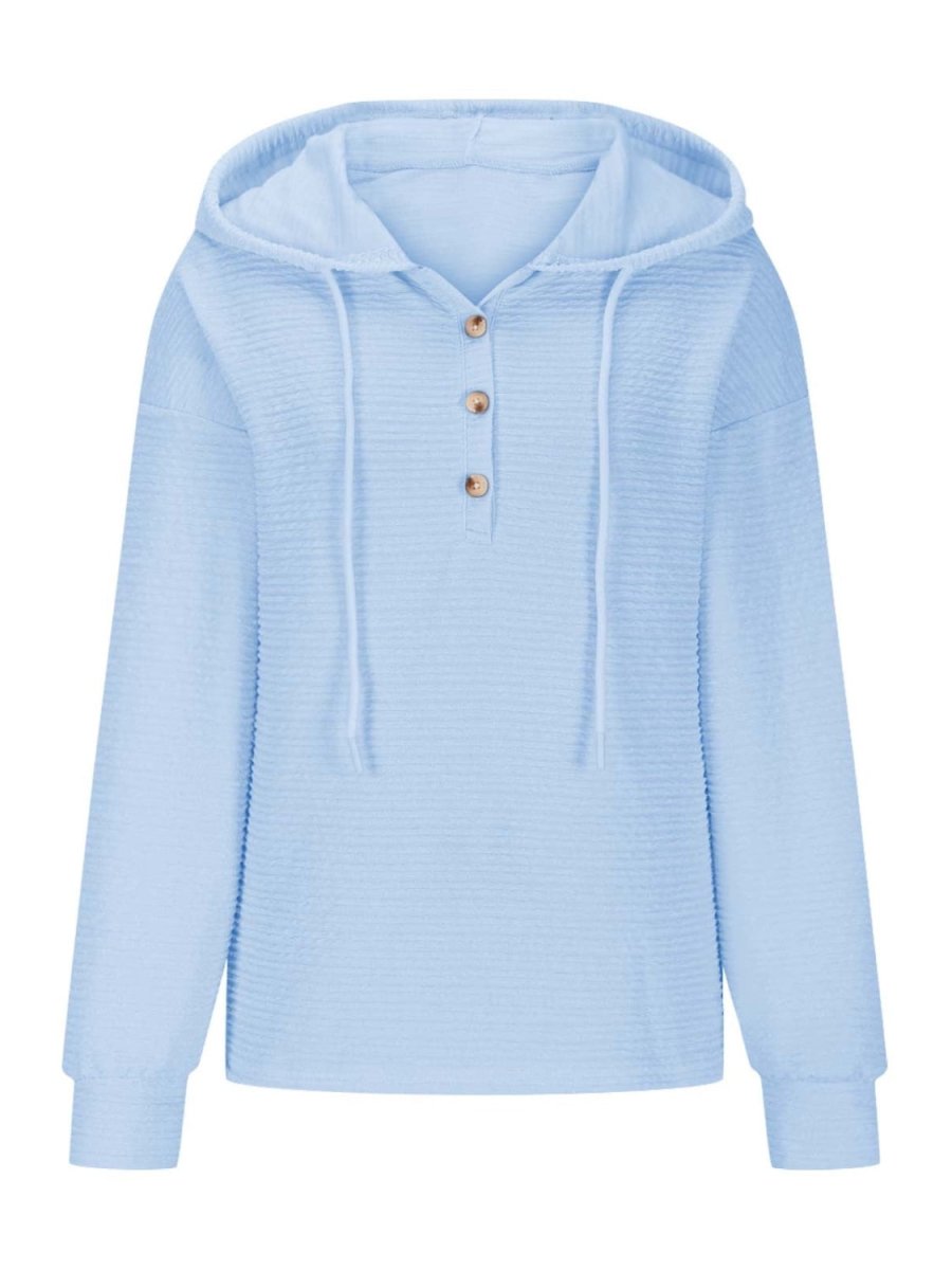 Drawstring Quarter Button Long Sleeve Hoodie - S. M. & Co.