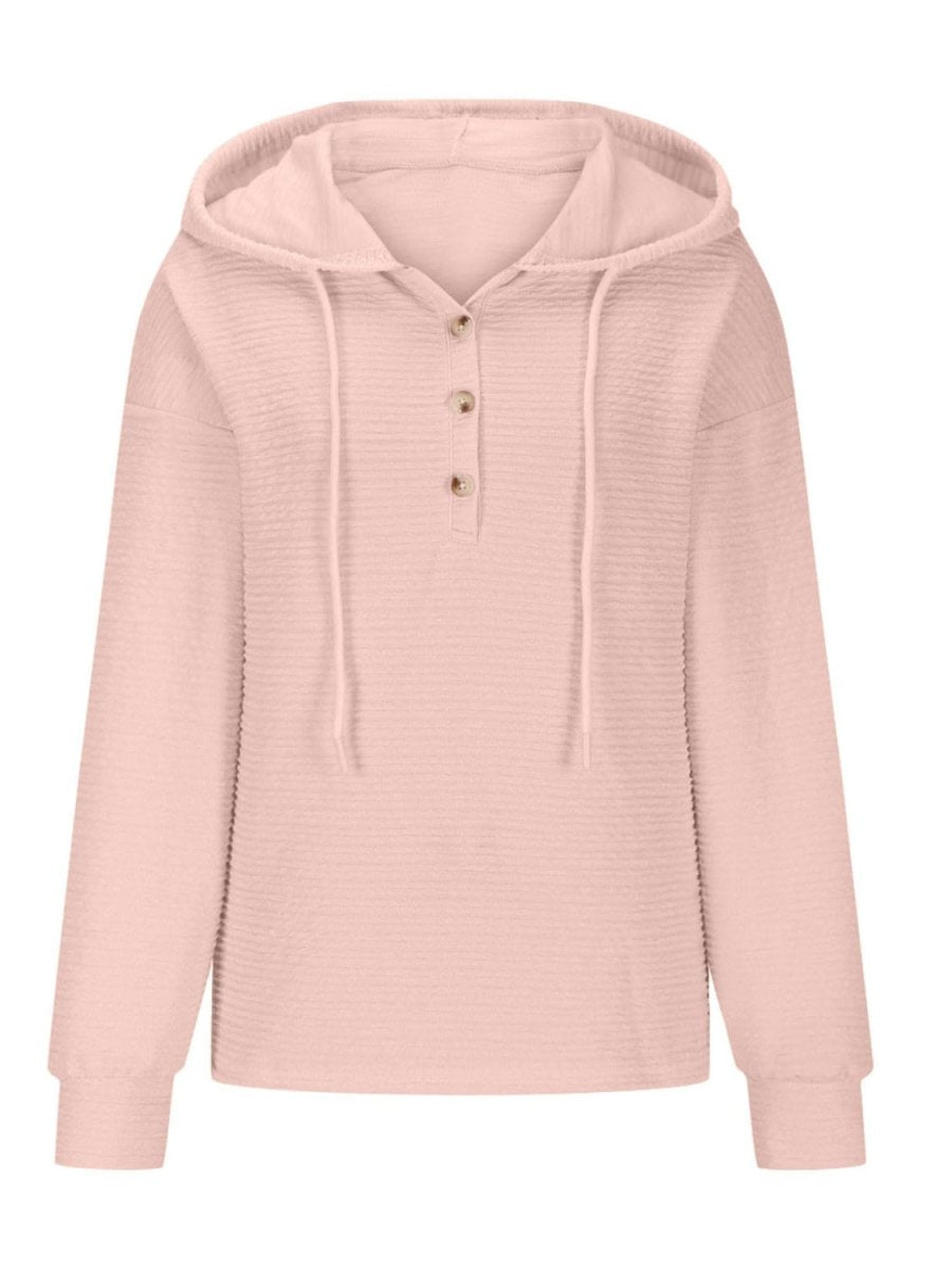 Drawstring Quarter Button Long Sleeve Hoodie - S. M. & Co.