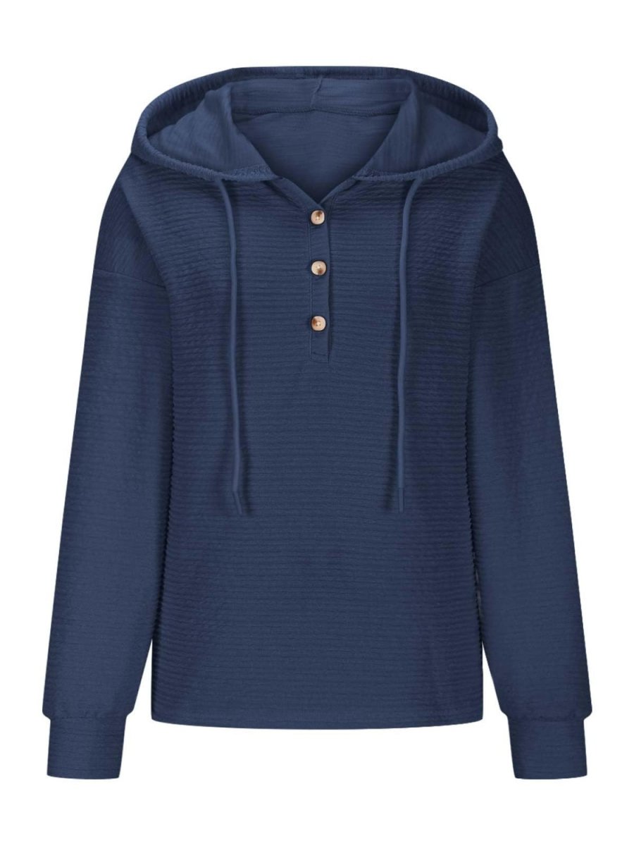 Drawstring Quarter Button Long Sleeve Hoodie - S. M. & Co.