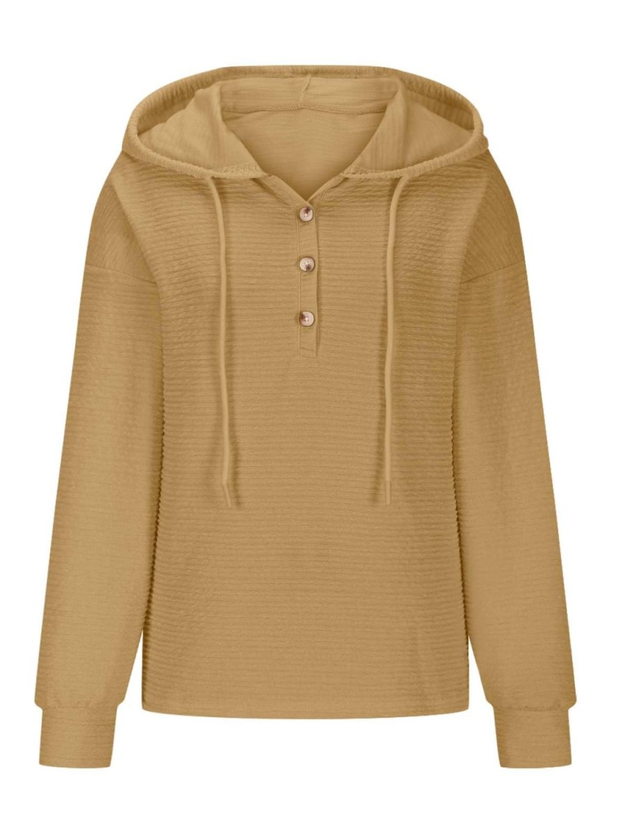 Drawstring Quarter Button Long Sleeve Hoodie - S. M. & Co.