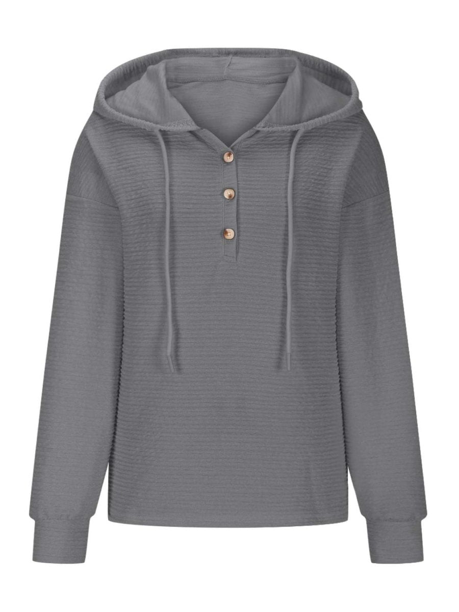 Drawstring Quarter Button Long Sleeve Hoodie - S. M. & Co.