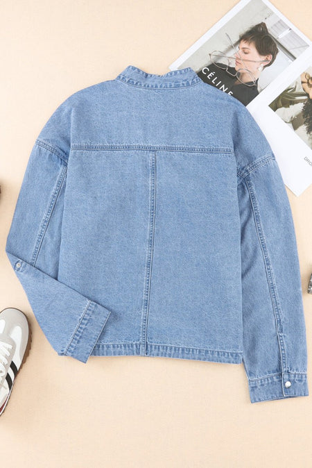 Drawstring Snap Down Denim Jacket with Chest Pockets - S. M. & Co.