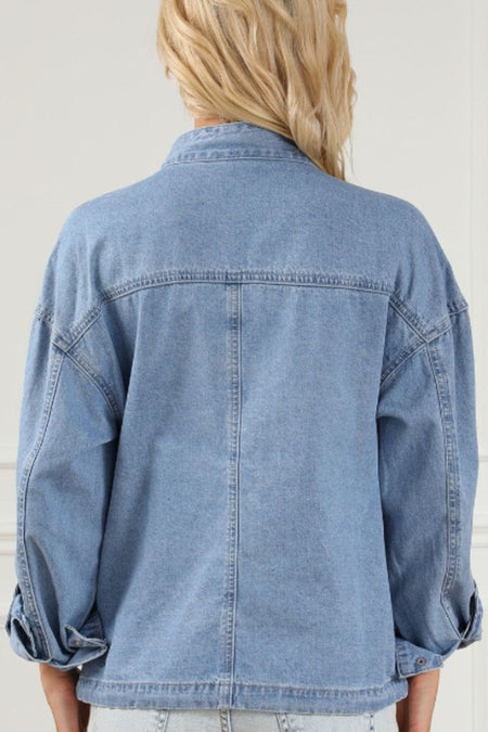 Drawstring Snap Down Denim Jacket with Chest Pockets - S. M. & Co.