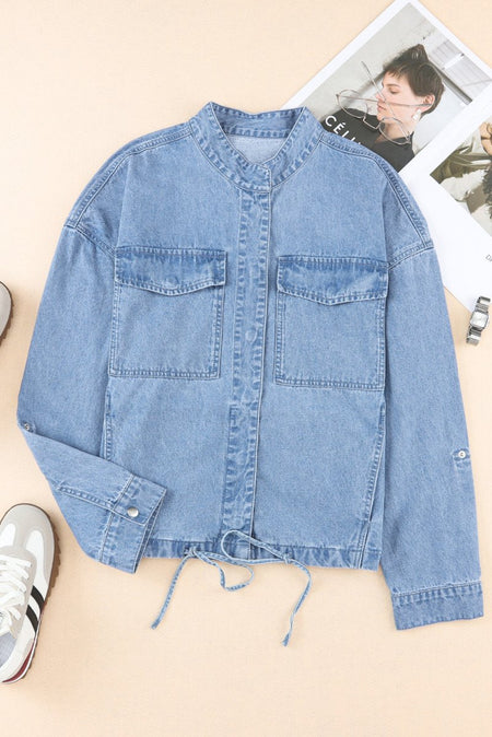 Drawstring Snap Down Denim Jacket with Chest Pockets - S. M. & Co.