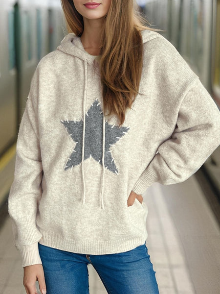 Drawstring Star Long Sleeve Hooded Sweater - S. M. & Co.