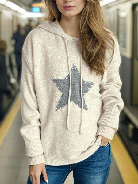 Drawstring Star Long Sleeve Hooded Sweater - S. M. & Co.