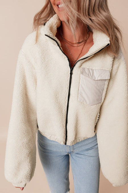 Drawstring Zip Up Sherpa Jacket with Removable Hood - S. M. & Co.