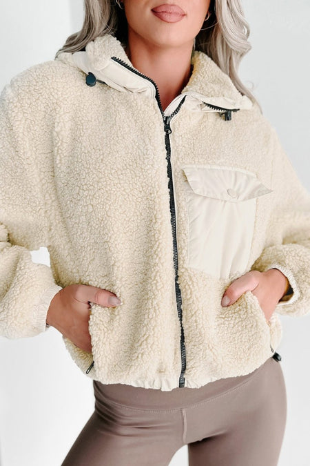 Drawstring Zip Up Sherpa Jacket with Removable Hood - S. M. & Co.