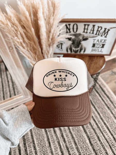 Drink Whiskey Kiss Cowboys DTF on Brown and tan hat & Black Ink - S. M. & Co.