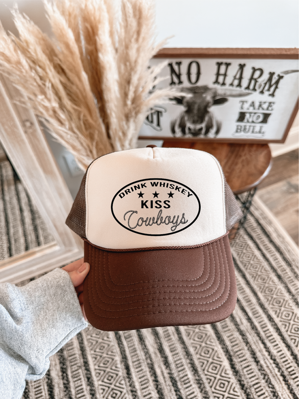 Drink Whiskey Kiss Cowboys DTF on Brown and tan hat & Black Ink