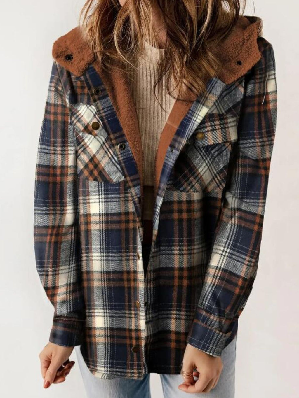 Plaid Snap Down Plush Hooded Jacket