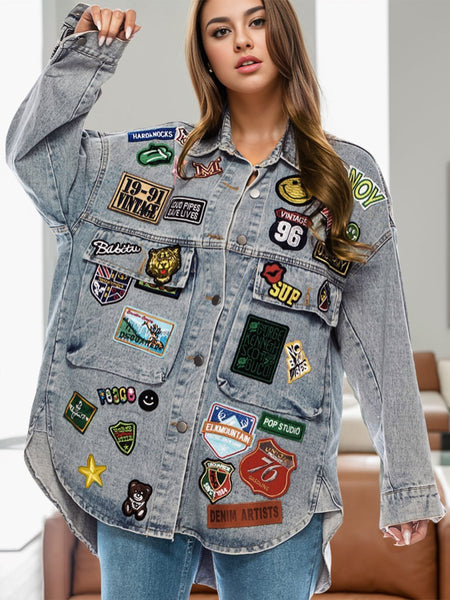 Embroidered Patch Button Up Long Sleeve Denim Jacket - S. M. & Co.