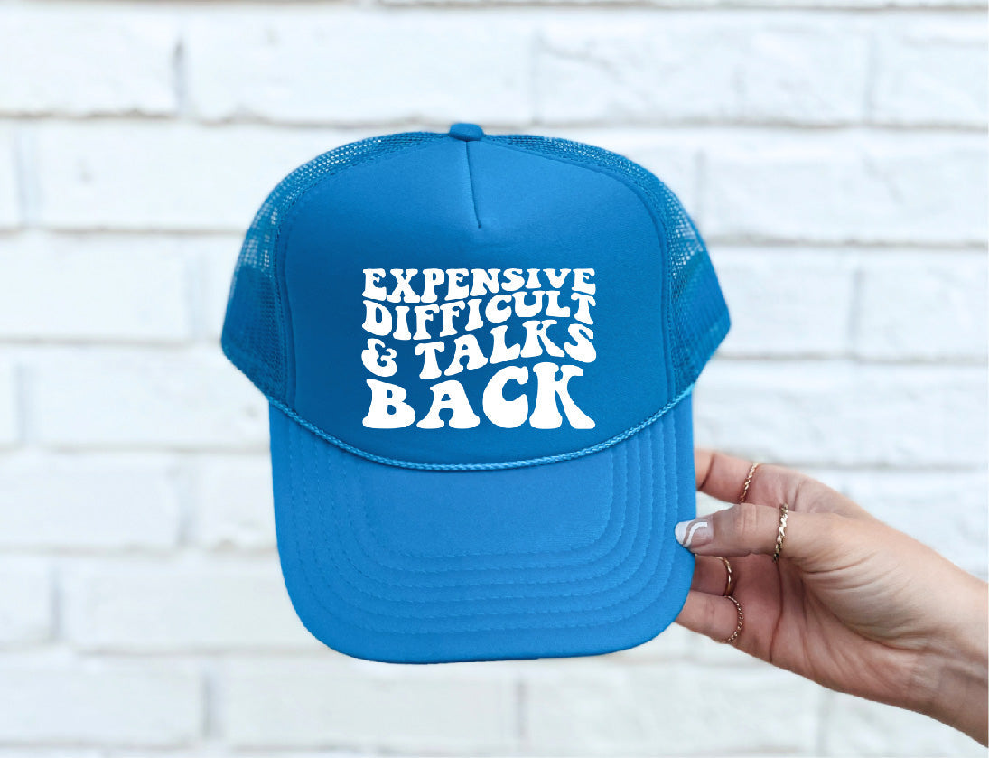 Expensive, Difficult, Talks Back DTF Printed Columbia Blue Trucker Hat - S. M. & Co. Shirts & Tops