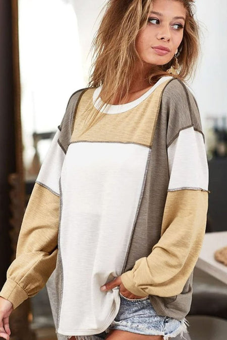 Exposed Seam Contrast Round Neck Long Sleeve Top - S. M. & Co.