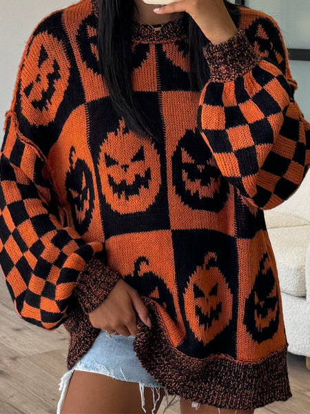 Exposed Seam Pumpkin Round Neck Long Sleeve Sweater - S. M. & Co.