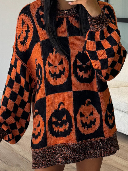 Exposed Seam Pumpkin Round Neck Long Sleeve Sweater - S. M. & Co.