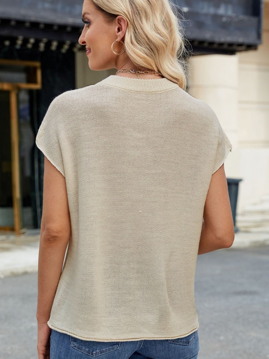 Exposed Seam Round Neck Short Sleeve Sweater - S. M. & Co.