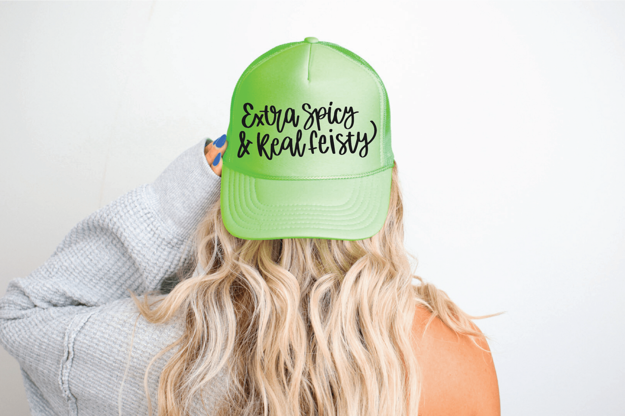 Extra Spicy Real Feisty DTF Printed Neon Green Trucker Hat - S. M. & Co.