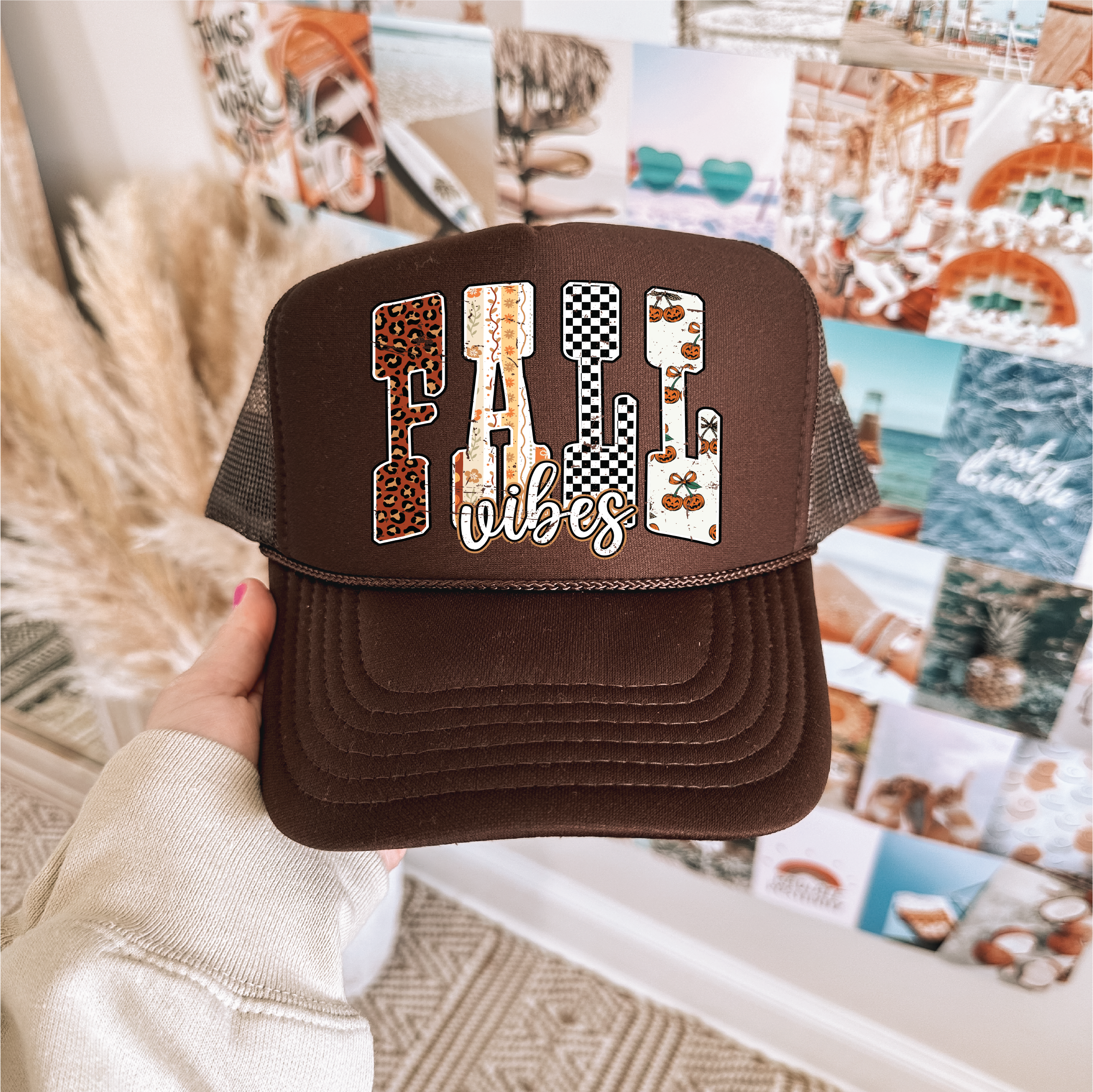 Fall Vibes DTF Printed Brown Trucker Hat