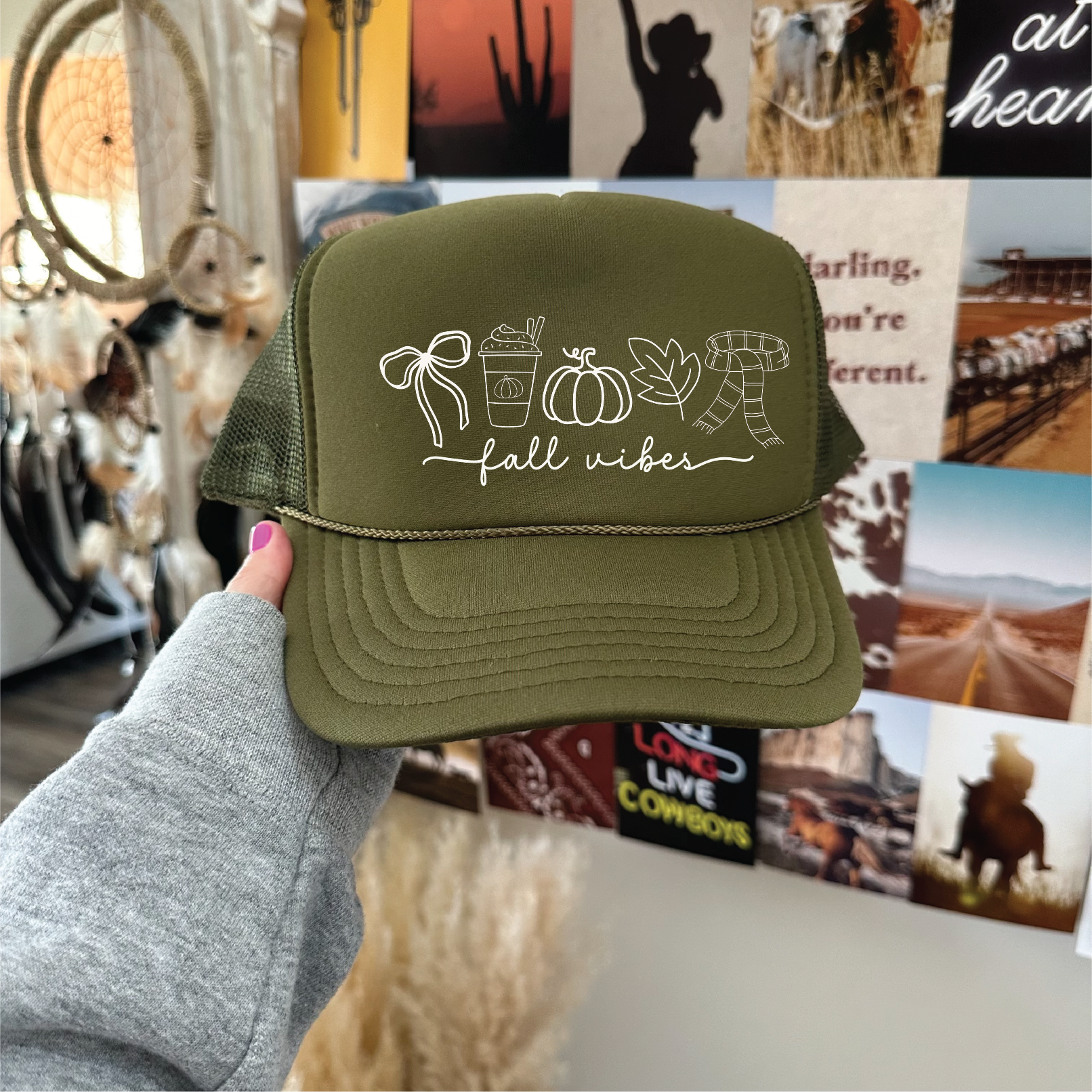 Fall Vibes DTF Printed Olive Trucker Hat