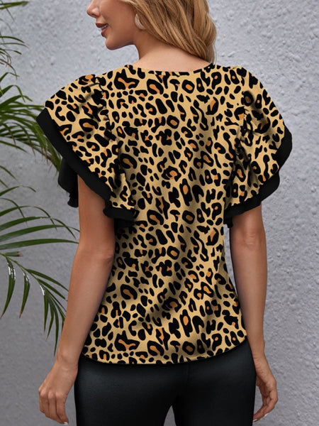 FAM - FAM Leopard Round Neck Flounce Sleeve Blouse - S. M. & Co.