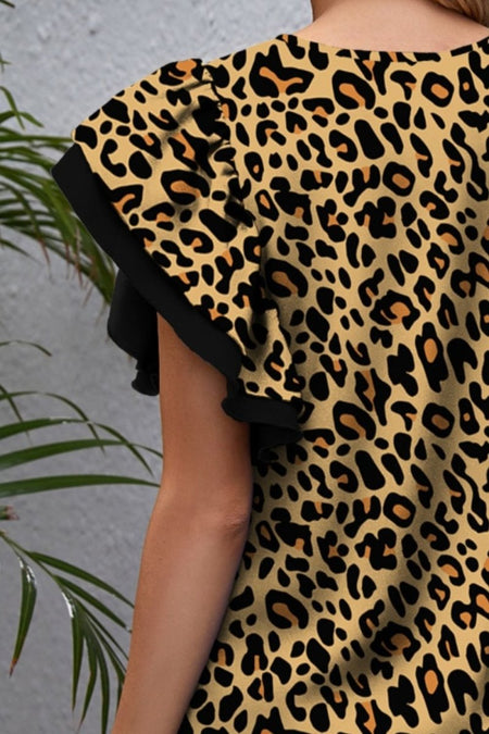 FAM - FAM Leopard Round Neck Flounce Sleeve Blouse - S. M. & Co.