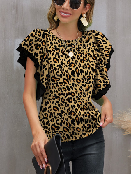 FAM - FAM Leopard Round Neck Flounce Sleeve Blouse - S. M. & Co.