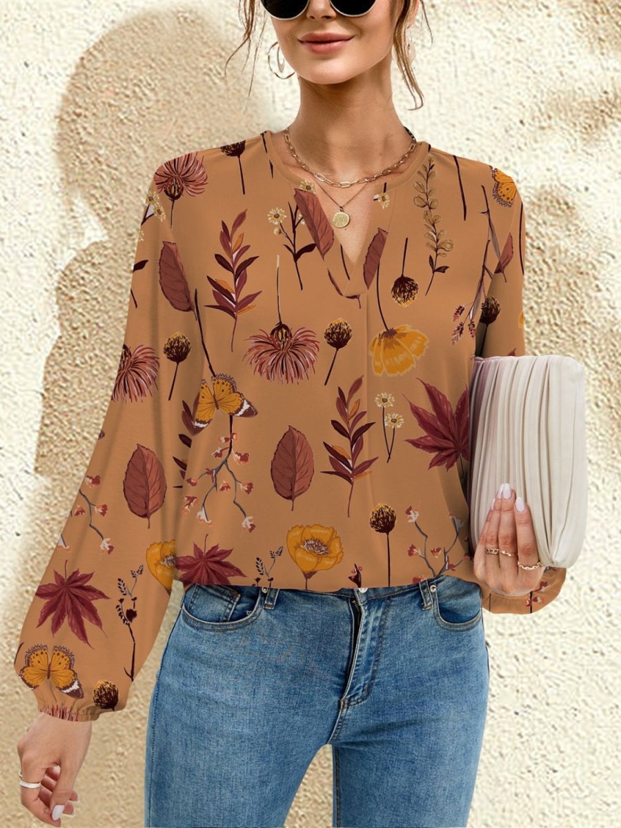 FAM-FAM Printed Notched Long Sleeve Blouse - S. M. & Co.