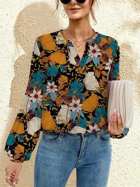 FAM-FAM Printed Notched Long Sleeve Blouse - S. M. & Co.