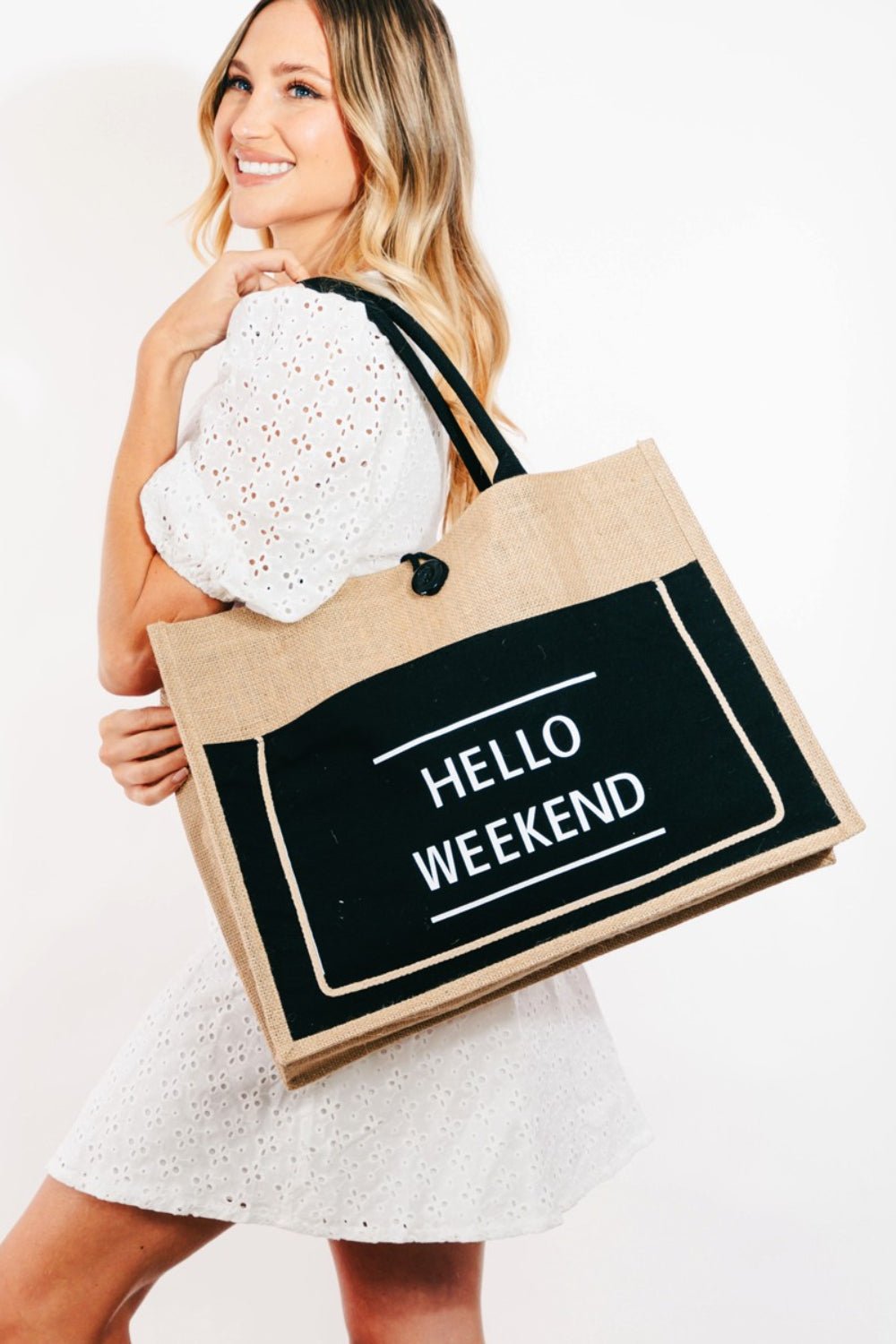 Fame Hello Weekend Burlap Tote Bag - S. M. & Co. Tote Bag