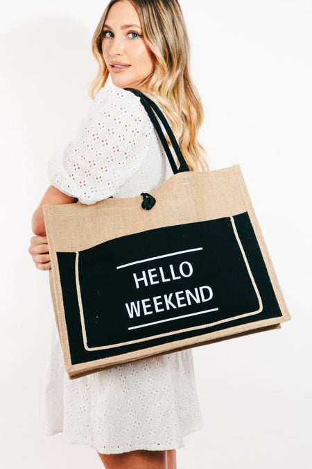 Fame Hello Weekend Burlap Tote Bag - S. M. & Co. Tote Bag