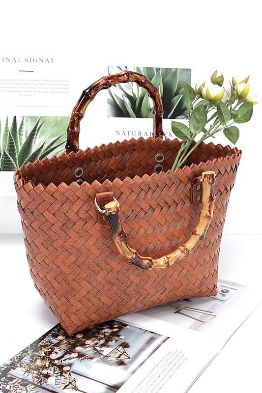 Faux Bamboo Top Handle Weaved Basket Tote - S. M. & Co. Tote Bag